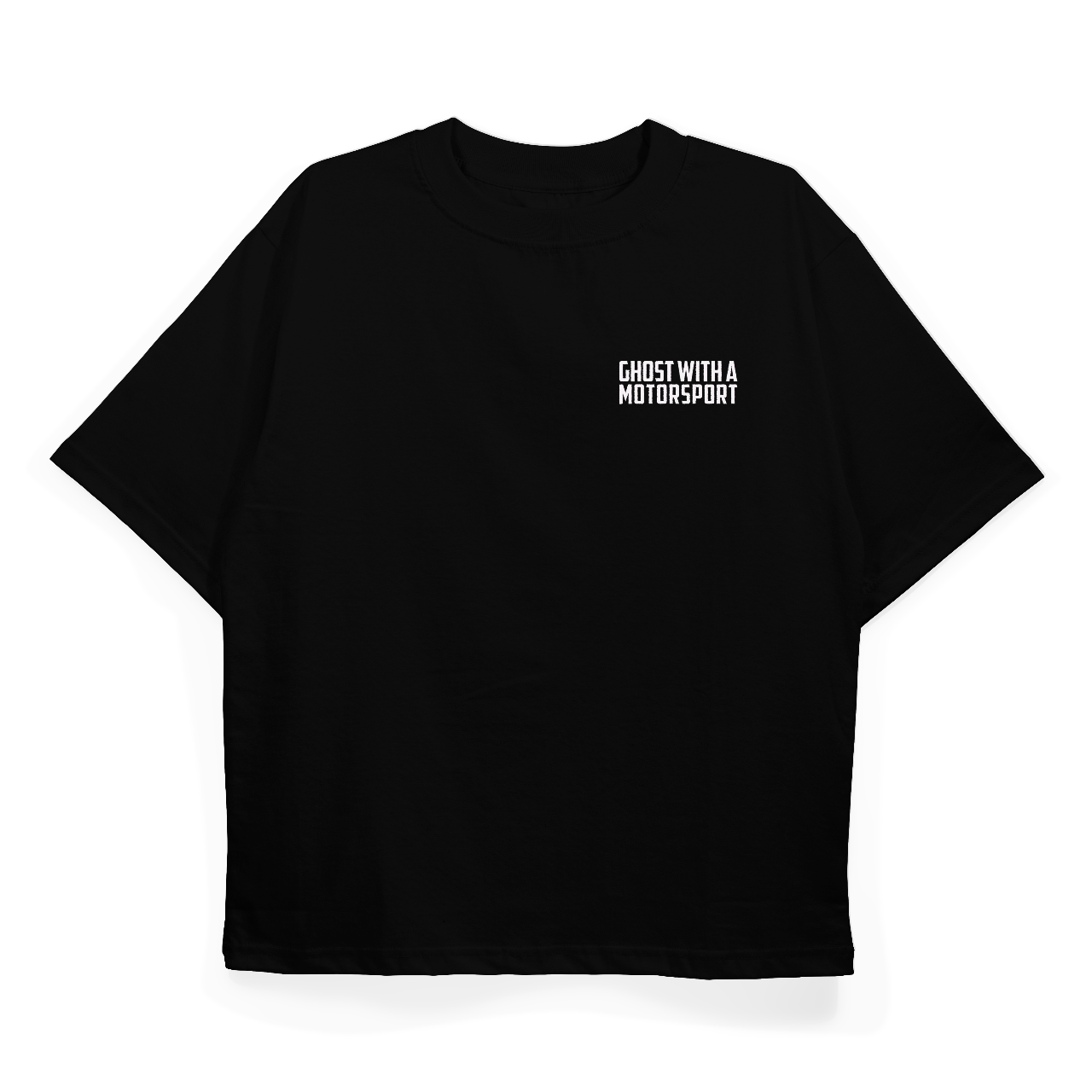 Black t-shirt with 'Ghost With A Motorsport' text on a white background