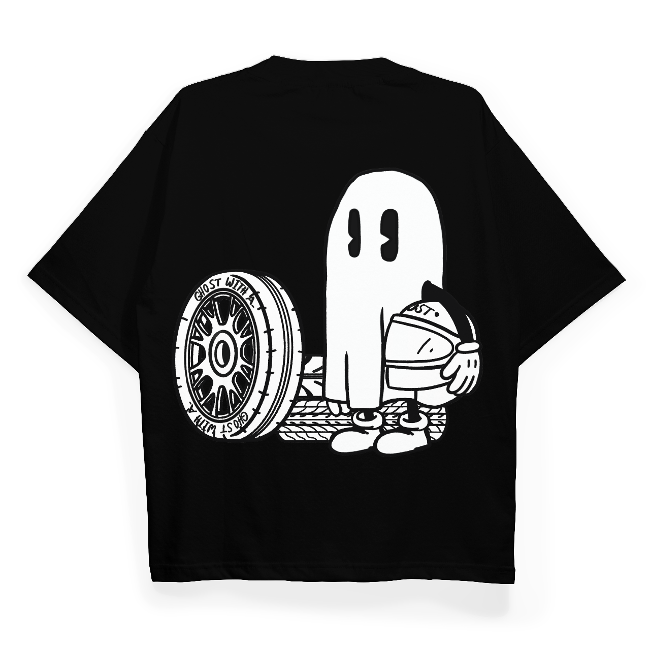 Black t-shirt with a white graphic of a ghost and a tire on a white background