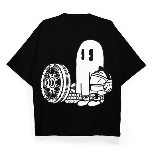 Black t-shirt with a white graphic of a ghost and a tire on a white background