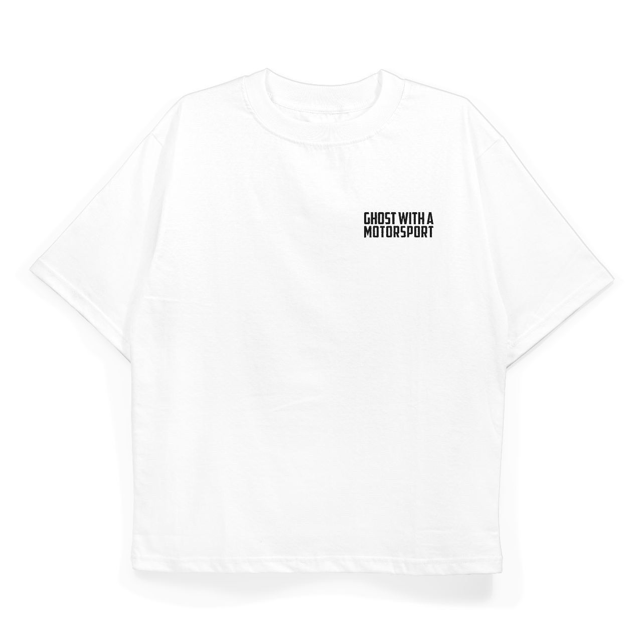 White t-shirt with 'GHOST WITH A MOTORSPORT' text on a white background