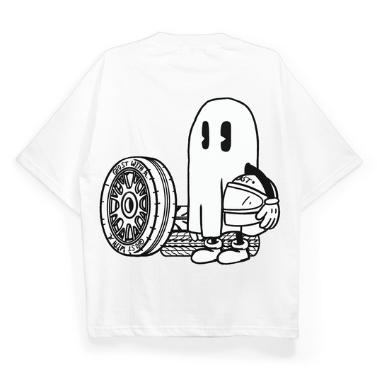 White t-shirt with a black graphic of a ghost lifting a tire on a white background